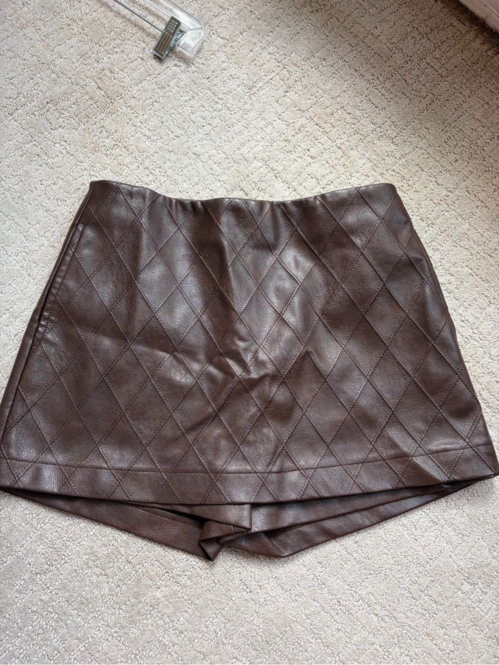 Quilted Faux Leather Brown Skort with Diamond Stitch